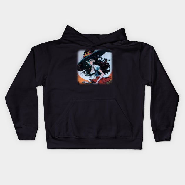 Drawing of a witch on a broom stick Kids Hoodie by Perryfranken